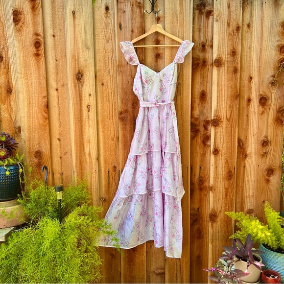 Lilac Pink Floral Ruffled Tiered Bustier Flutter-Sleeve Midi Dress 🌿 - Picture 7 of 11